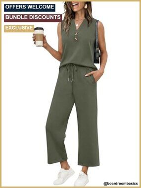 Two Piece Lounge Set for Women V-Neck Tank & Wide Leg Pants Knit Casual Travel